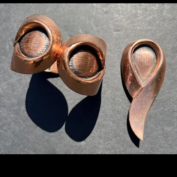 Vintage Mid Century Mod Renoir COPPER hinged Cuff Bracelet & Brooch Set - Picture 4 of 15